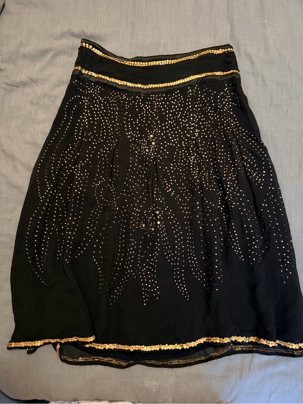 Vintage Zara Woman Black A-Line Silk Skirt with Gold Sequin Accents